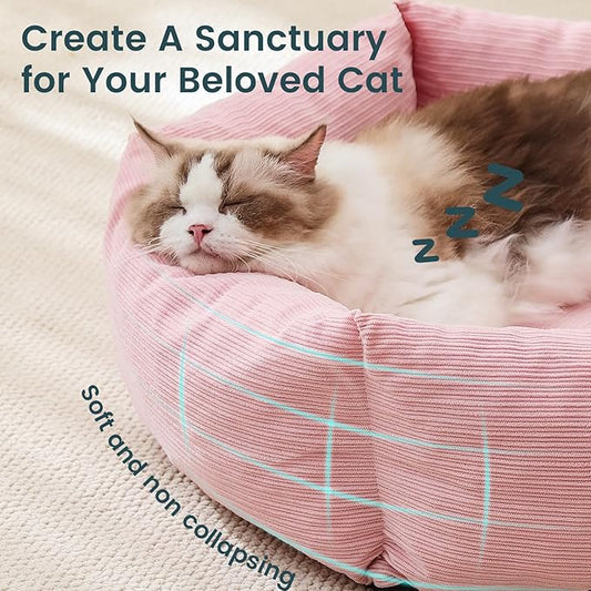 Petinstinct Cat Bed, 22 Inch Washable Corduroy Cat and Small Dog Bed with Removable Cover & Anti-Slip Bottom, Calming Comfort Pet Bed for Pets up to 15 lbs (Pink)
