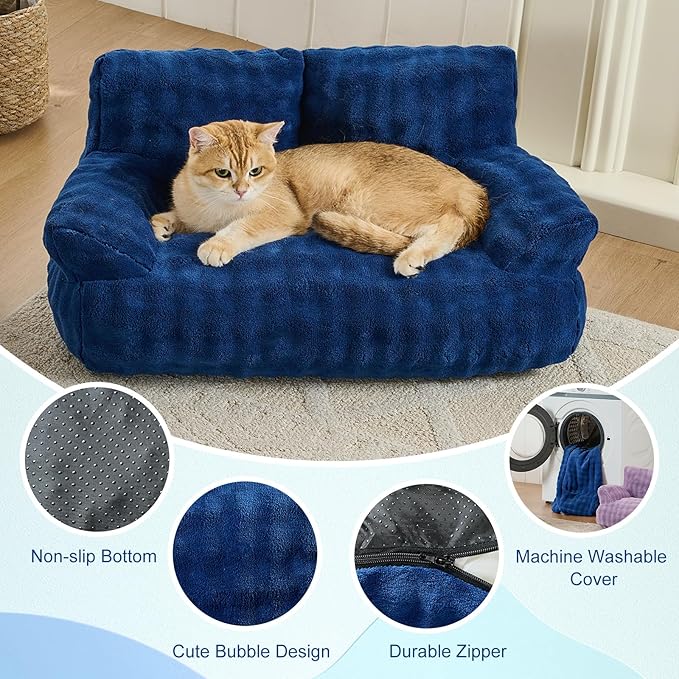 Yaning Cat Couch Bed, Cute Soft Pet Sofa for Indoor Cats Kittens Puppies with Removable Washable Cover, 26"x15", Navy Blue