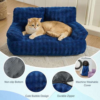 Yaning Cat Couch Bed, Cute Soft Pet Sofa for Indoor Cats Kittens Puppies with Removable Washable Cover, 26"x15", Navy Blue