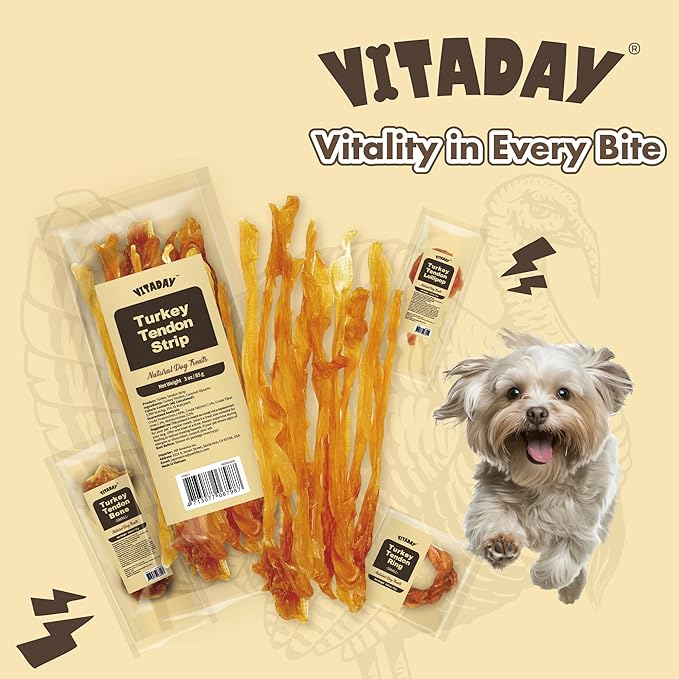 VITADAY Turkey Tendons for Dogs, All Natural, Healthy Dog Treats, Long Lasting, Hypoallergenic Dog Chews, Rawhide Free, USA-Sourced, for Small Dogs, Strips, 3 oz Pack