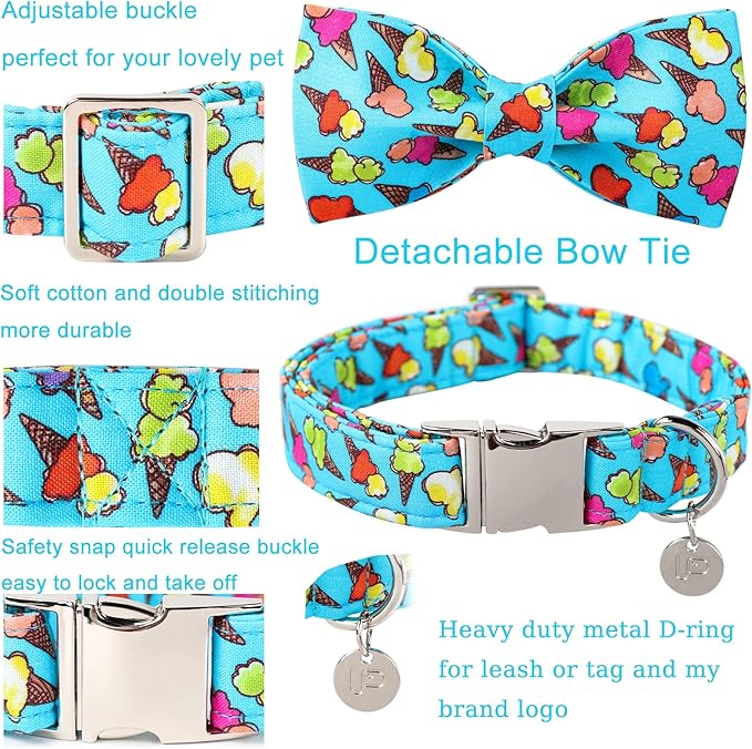 Summer Dog Collar with Bow Tie, Cotton Cute Bowtie Dog Collar, Summer Bowtie Collar for Large Boy Girl Dog, Comfortable Blue Dog Collar with Metal Buckle, L