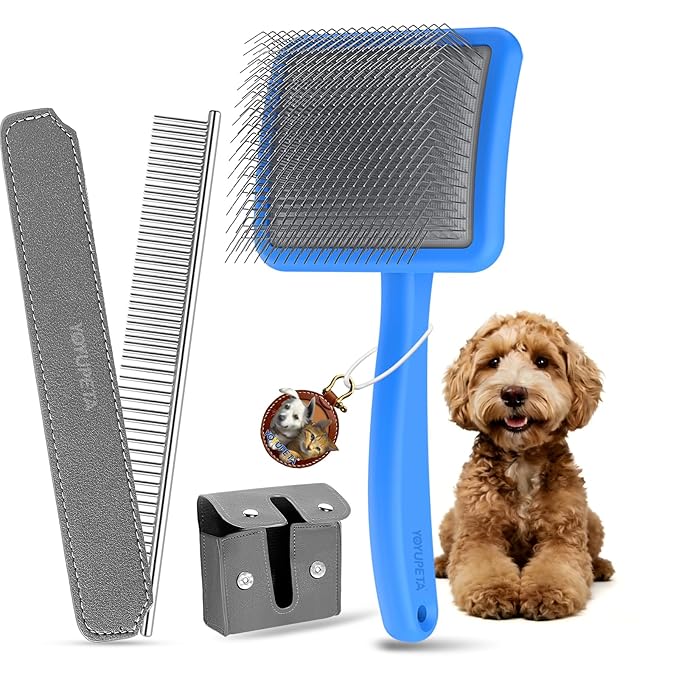 Large Slicker Brush for Dogs,Doodle Brush for Poodles, Goldendoodles, Labradoodle, Extra Long Pins for Detangling Matted Fur & Reducing Shedding, Dog Grooming Kit with Wooden Handle. Blue