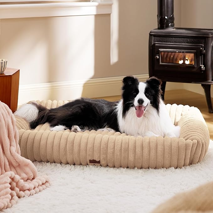 Bedsure ComfyFleece Washable Dog Bed for Medium Dogs - Cute Furry Puppy Beds, Rectangle Orthopedic Corduroy Fleece Pet Beds with Removable Zipper Cover, 43x30x8inches, Sandy Beige