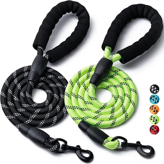 2 Pack Dog Leash, 4/5//6 FT Heavy Duty Nylon Rope Pet Leashes with Comfortable Padded Handle, Reflective Dog Leashes for Small Medium and Large Dogs (6FT-3/8,Black/Green)