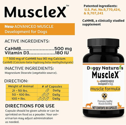 MuscleX™ Canine Muscle Formula Dogs with CaHMB 500 mg and Vitamin D3 - Natural Muscl Building Formula - Helps Reduce Muscle Loss Due to Normal Aging and Improves Recovery from Injury (180 Capsules)