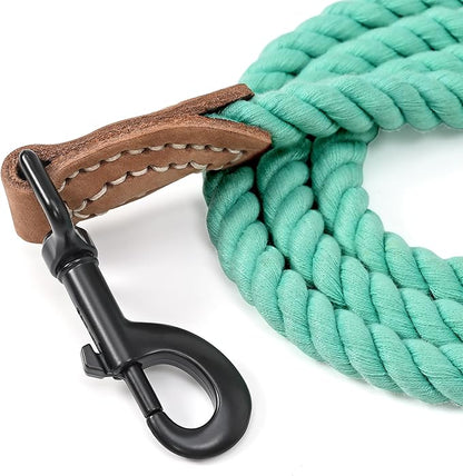 Mile High Life Dog Leash, Braided Cotton Rope Leashes with Leather Tailor Tip with Leather Tip - Heavy Duty Metal Clasp, 4FT, 1/2" Thick - Wedding, Walking Leash for Medium Large Dogs(Green)