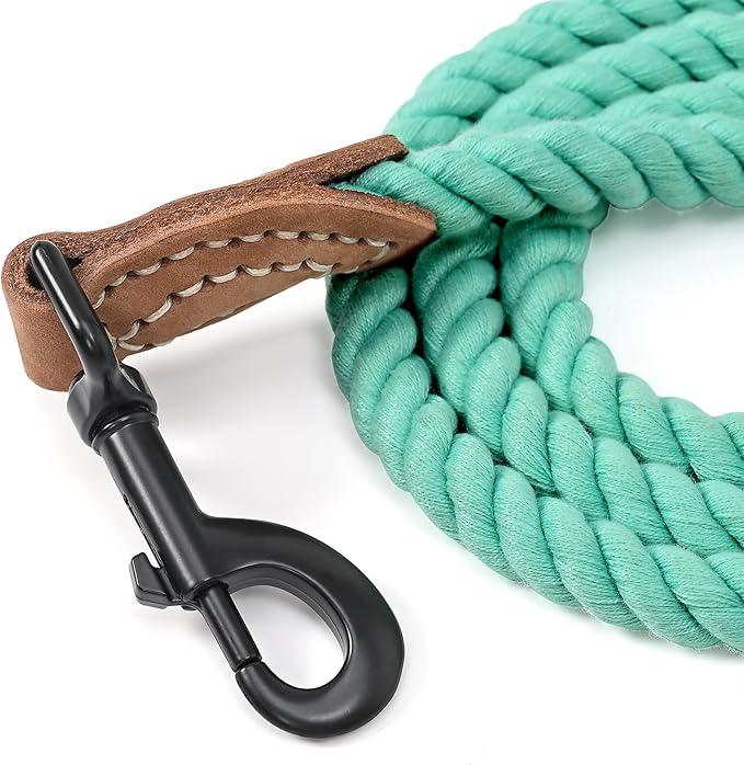 Mile High Life Dog Leash, Braided Cotton Rope Leashes with Leather Tailor Tip with Leather Tip - Heavy Duty Metal Clasp, 5FT, 1/2" Thick - Wedding, Walking Leash for Medium Large Dogs(Green)