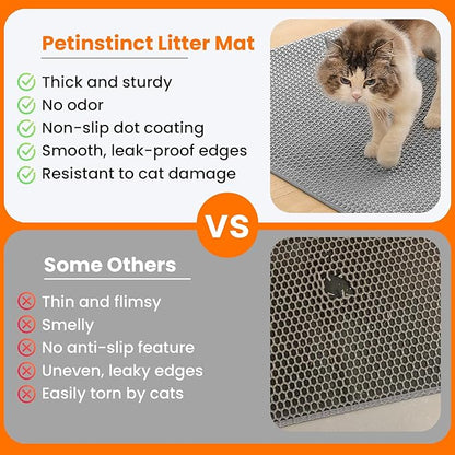 Petinstinct Jumbo Cat Litter Mat, 46x26 Inches Double Layer Honeycomb Litter Trapping Mat, Non Slip Waterproof Urine Proof Extra Large Cat Litter Box Mat, Kitten Supplies and Essentials, XXL, Gray