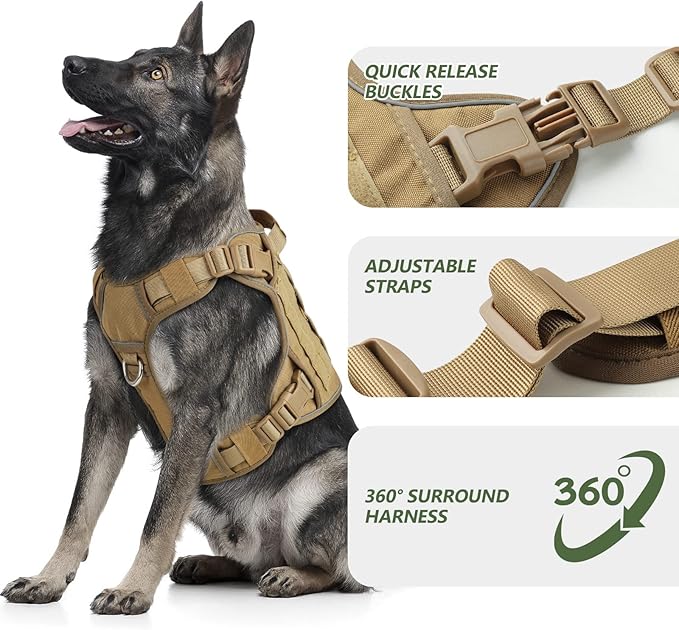 WINGOIN Tactical Dog Harness for Small Dogs, Heavy Duty No Pull Harness with Handle, Adjustable Reflective Military K9 Pet Vest for French Bulldog, Pug, Walking, Training, Hunting, Khaki (S)