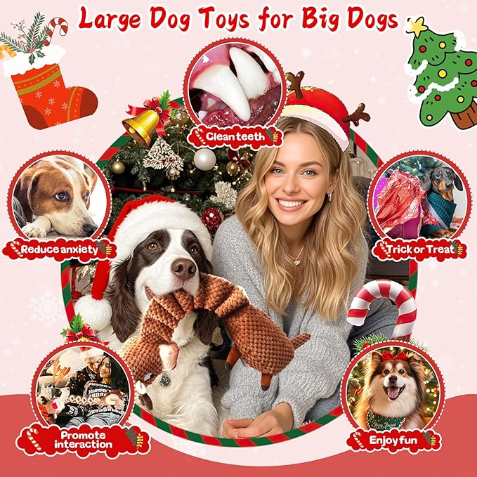 Jeefome Christmas Dog Toys for Large Dogs：Squeaky Tug of War Interactive Dog Toys with Crinkled Paper-Plush Puppy Toys Keep Them Busy