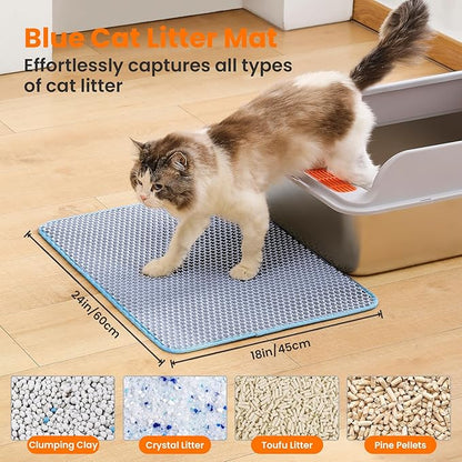 Petinstinct Cat Litter Mat, 24x18 Inches Large Double Layer Honeycomb Cat Litter Trapping Mat, Non Slip Waterproof Urine Proof Cat Litter Box Mat for Floor, Kitty Litter Rug, Cat Supplies, Blue