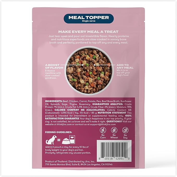 Jinx Beef & Chicken Wet Dog Food Pouches, Meal or Dog Food Topper Mix-in, Made with Real Beef & Chicken, Bone Broth, No Fillers - Puppy, Adult, Senior, 3oz, 8 Pack