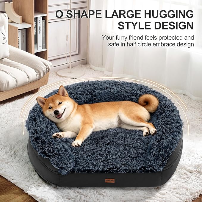 iweepet Black Dog Beds for Large Dog, 41" x 32.6" x 7.7", Removable and Washable Cover, Raised Reboundable Edges, Non Slip Bottom, Warm Plush, Orthopedic Oval Memory Foam Pet Bedding, Indoor