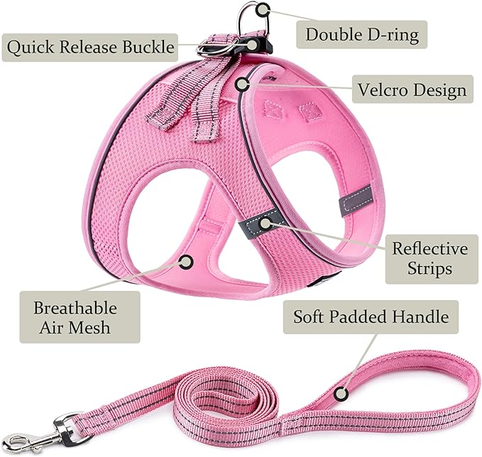 BOOMIBOO Dog Harness with Leash Set, No Pull Adjustable Reflective Step-in Puppy Pet Vest Harnesses for Small Medium Large Dogs and Cats,Pink L