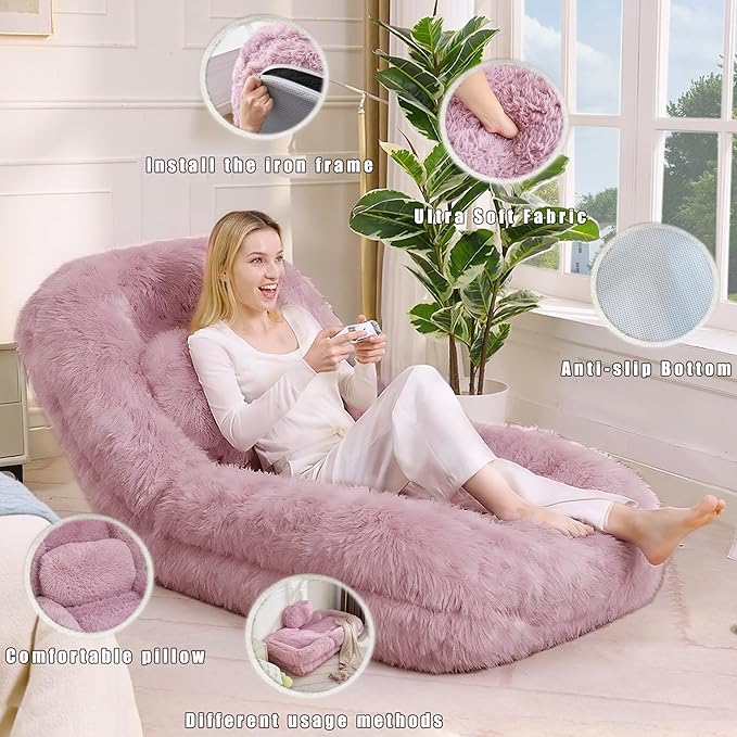 KEIKI 69" Plush Faux Fur Human Size Dog Bed, Oversized Foldable Human Dog Bed for Adults and Pets, Adjustable Lounge Sofa Bed with Cushions, Giant Dog Bed for Humans, Pink