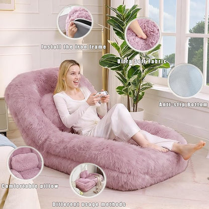 KEIKI 69" Plush Faux Fur Human Size Dog Bed, Oversized Foldable Human Dog Bed for Adults and Pets, Adjustable Lounge Sofa Bed with Cushions, Giant Dog Bed for Humans, Pink