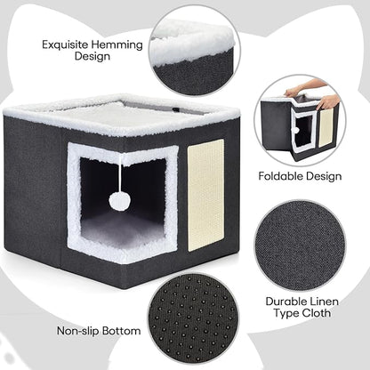 petizer Cat Bed for Indoor Cats, Large Covered Cat House with Scratch Pad, Foldable Cat Cave Bed & Hideaway Cube with Reversible Cushions, Cute Cat Condo for Multi Small Pet Kitten (Blue)