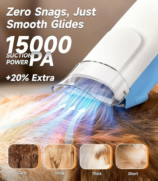 Dog Grooming Kit with Vacuum, 15000Pa Pet Hair Clipper and Shedding Brush, 50dB Low Noise, 2L Capacity, White