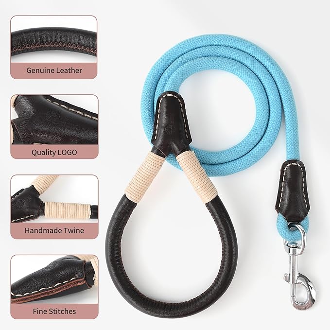Mile High Life Genuine Leather Wrapped Handle Dog Leash, w Heavy Duty Clasp Rope Leash for Small Medium Large Dogs (Blue, 5FT)