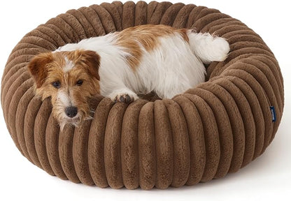 Bedsure ComfyFleece Donut Small Dog Bed - Dog Beds for Small Dogs with Corduroy Fleece & Anti Slip Bottom, Round Faux Fur Pet Beds with Washable Removable Cover, Camel Brown, 27x27x8 inches