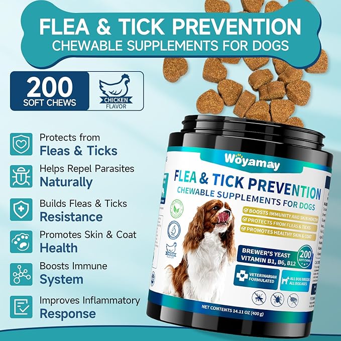 Woyamay Flea and Tick Prevention for Dogs Chewables, 200 Soft Treats, Natural Dog Flea and Tick Treatment, Oral Flea Chews for Dogs Supplement, Flea and Tick Chews for Dogs Puppies, All Breeds & Sizes