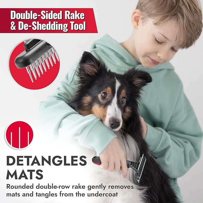 KONG Double-Sided Rake & Deshedding Tool – Detangling & Shedding Control, Rounded Metal Tips, Non-Slip Grip, for Medium to Large Dogs with Medium to Long Coats, Red/Gray