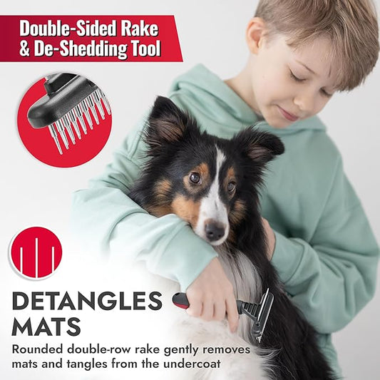 KONG Double-Sided Rake & Deshedding Tool – Detangling & Shedding Control, Rounded Metal Tips, Non-Slip Grip, for Medium to Large Dogs with Medium to Long Coats, Red/Gray