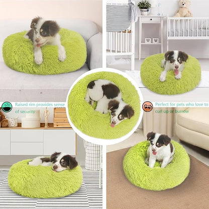 Calming Donut Dogs Beds for Small Dogs Washable,19inch Fluffy Round Puppy Bed for Puppies,Cats & Toy Breeds with Raised Rim,Fits up to 15 lbs Pets,Green