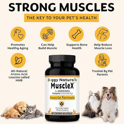 MuscleX™ Feline Canine Muscle Formula Cats & Small Dogs with 300 mg CaHMB & Vitamin D3, Natural Muscl Building formula - Helps Reduce Muscle Loss Due to Normal Aging & Improve Injury Recovery(90 Caps)