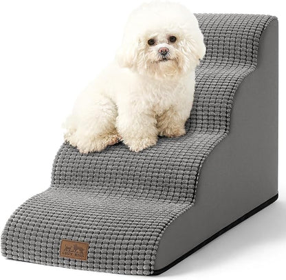 Dog Stairs for Small Dogs 19.7" H, Curved Dog Step for Puppy, Older or Cat, Medium Pet Ramp for Sofa, Couch or Bed, Ladder with High Density Foam, 4 Step, 15.7x28.3x19.7 inch, Dark Grey
