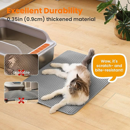 Petinstinct Extra Large Cat Litter Mat, 30x22 Inches Honeycomb Double Layer Cat Litter Trapping Mat, Non Slip Waterproof Urine Proof Large Kitty Litter Box Mat for Floor, Kitten Supplies, XL, Gray