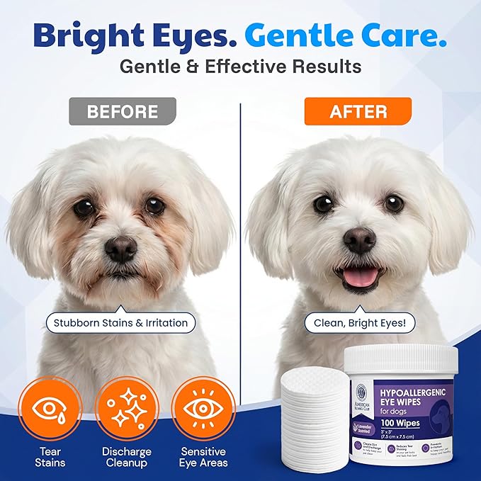 American Kennel Club Pet Eye Wipes for Dogs & Cats – Tear Stain Remover & Eye Discharge Cleaner – Hypoallergenic Grooming Wipes, 100 Count (Lavender Scent)