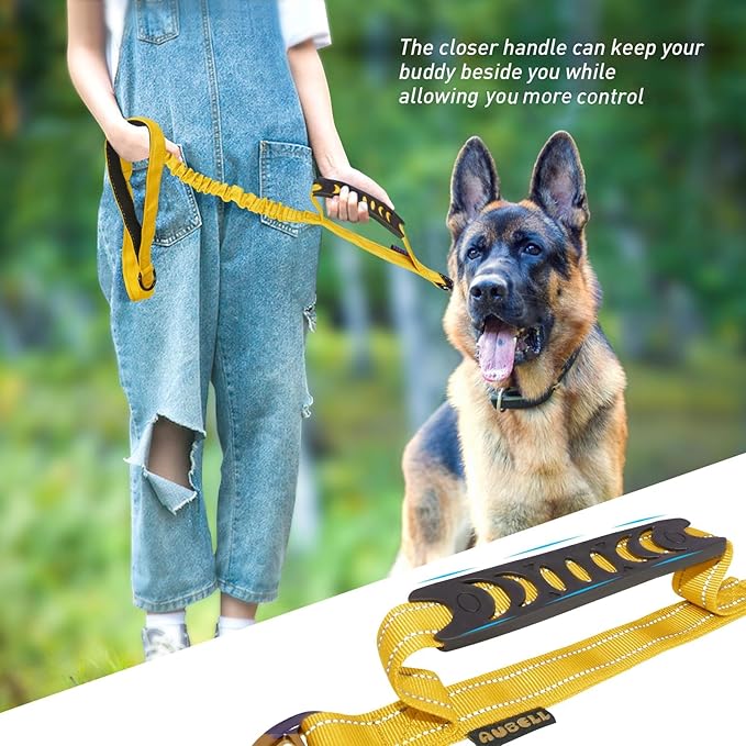 AUBELL Tactical Dog Leash Heavy Duty,4-6ft Reflective Strong No Pull Bungee Leash for Medium Large Dogs with Comfortable Padded Double Handle,Car Seat Belt,360 Degree Rotating Carabiner,Yellow