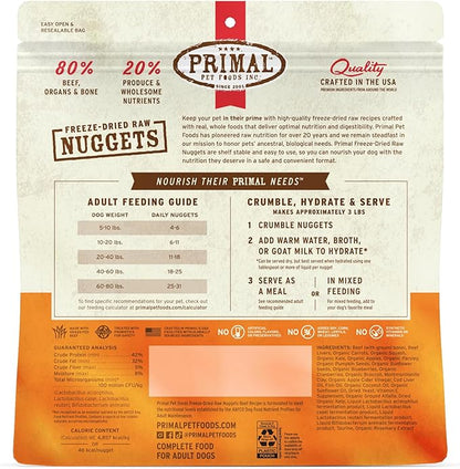 Primal Freeze Dried Dog Food Nuggets, Beef; Complete & Balanced Meal; Also Use as Topper or Treat; Premium, Healthy, Grain Free, High Protein Raw Dog Food, 14 oz (Pack of 4)