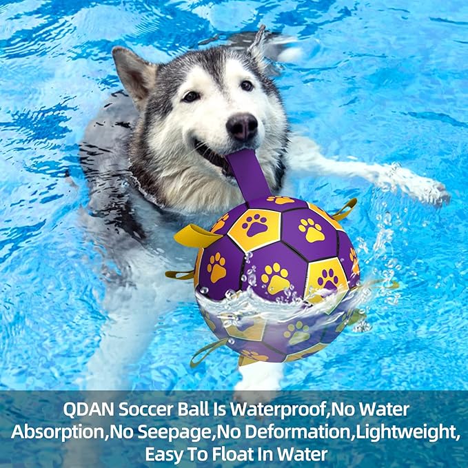 QDAN Dog Ropes Toys, Soccer Ball with Straps, Interactive Dog Toys for Tug of War, Dog Water Toy, Durable Balls for Medium Large Dogs（8 Inch）