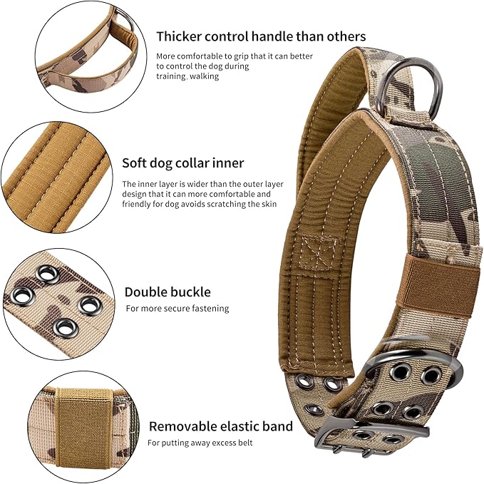 Annchwool Tactical Dog Collar for Medium and Large Dog,Adjustable Military Dog Collar with Soft Padded Handle,Heavy Duty Double Buckle Design(Green Camo,M)