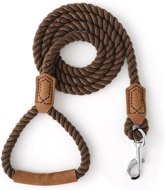 Mile High Life Dog Leash, Braided Cotton Rope Leashes with Leather Handle - Heavy Duty Metal Clasp, 4FT, 1/2" Thick - Wedding, Walking & Training Leash for Small Medium Large Dogs (Dark Brown)