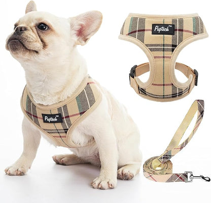 Pupteck Soft Mesh Dog Harness Sized and Leash Set Pet Puppy Cat Comfort Padded Vest No Pull Harnesses, Beige, Medium