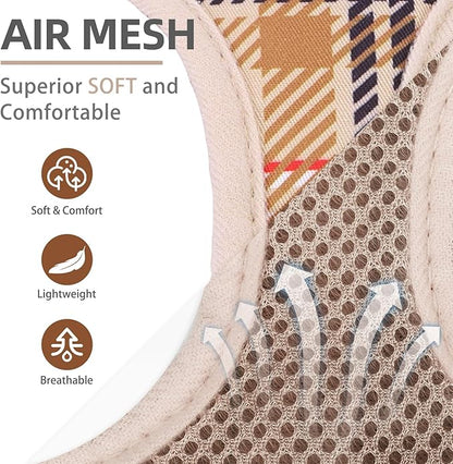 PUPTECK Dog Harness and Leash Set for Small Medium Dogs No Pull Step-in Soft Mesh Puppy Cat Vest Harnesses Reflective at Night, Plaid Pattern Beige S