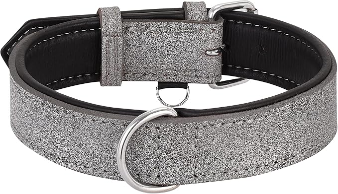 Riparo Genuine Leather Padded Dog Heavy Duty K-9 Adjustable Collar (XL: 1.75” Wide for 21”-25” Neck, Gray/White Thread)