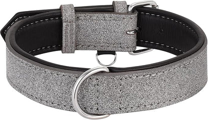 Riparo Genuine Leather Padded Dog Heavy Duty K-9 Adjustable Collar (XL: 1.75” Wide for 21”-25” Neck, Gray/White Thread)