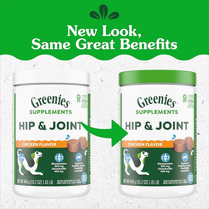 Greenies Supplements Hip and Joint Supplement for Dogs, Chicken Flavor, 80-Count Tub, Pack of 2