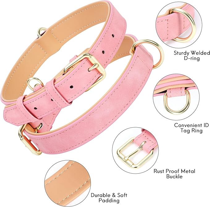 Leather Dog Collar for Small Medium Large Dogs, Soft Padded Dog Leather Collar with Heavy Duty Gold Buckle, Durable & Comfortable for Puppy Dogs Daily Walking (Pink, XS)