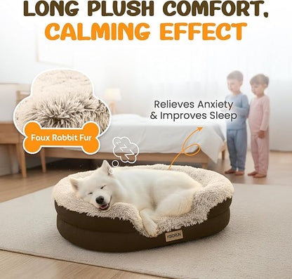 Miorun Fluffy Orthopedic Dog Bed for Extra Large Dogs, Calming Plush Sofa Bed with Curved Bolster Support and Egg-Crate Foam Base, 48" Cozy Oval Pet Donut Bed with Washable Cover, Coffee