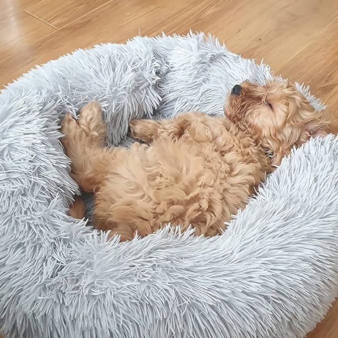 Calming Donut Dogs Beds for Small Dogs Washable,23inch Plush Round Pet Bed for Cozy Sleep,Fluffy Faux Fur Large Cat Bed,Fits up to 25 lbs Pets,Frost Grey
