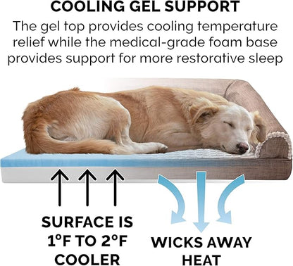 Furhaven Cooling Gel Dog Bed for Large/Medium Dogs w/ Removable Bolsters & Washable Cover, For Dogs Up to 55 lbs - Luxe Faux Fur & Performance Linen Sofa - Woodsmoke, Large