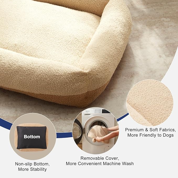 FURTIME Washable Dog Bed Extra Large Sized Dogs, Washable Comfy Fluffy XL Dog Bed, Removable Zipper Cover Machine Wash, Soft Sleeping Bed Durable Pet Cuddler with Anti-Slip Bottom, 42"x30"x8", Beige