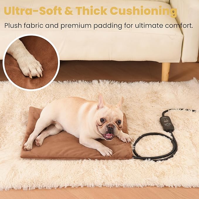 PetTemp Pet Heating Pad for Cats and Dogs, Heated Cat Bed & Dog Heating Pad with 5 Temperature Levels, Waterproof Heated Pet Mat with Timer, Auto Power-Off and Chew Resistant Cord, 20'' x 16''