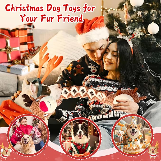 Jeefome Christmas Dog Toys for Large Dogs：Squeaky Tug of War Interactive Dog Toys with Crinkled Paper-Plush Puppy Toys Keep Them Busy