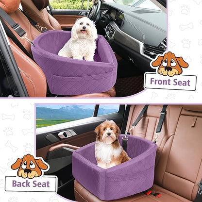NEEZUKAR Dog Car Seat for Small Medium Dogs,Detachable Washable Dog Booster Seat Under 30lbs, Pet Car Seats Travel Bed with Storage Pockets and Safety Belt (Purple)